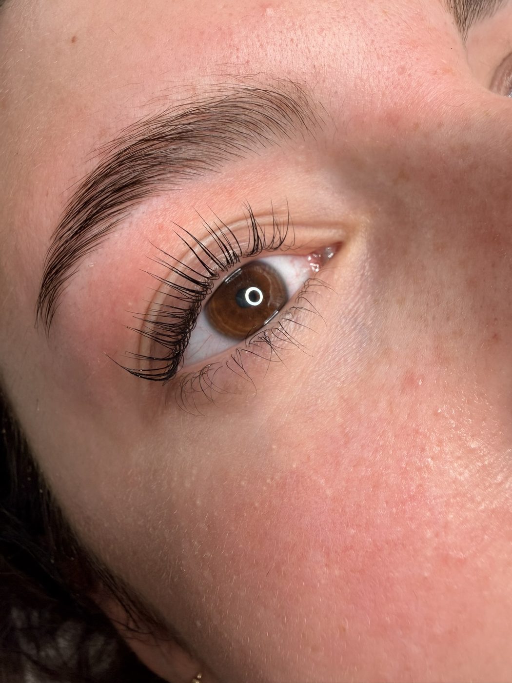 Dunkelbraunes Auge mit Sommersprossen, die Wimpern sind nach dem Korean Wimpern Lifting leicht gebogen